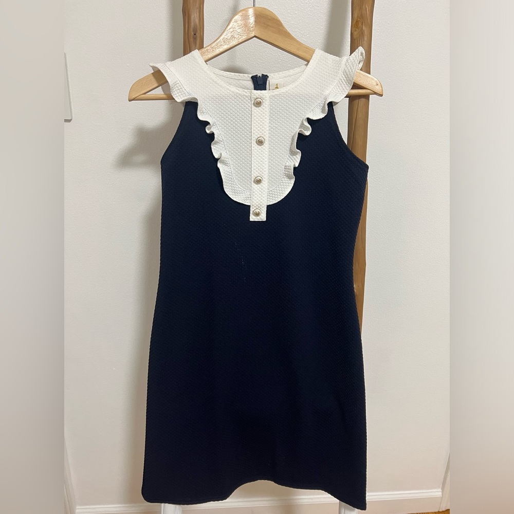 Girls David Charles Button Ruffle Dress in Navy
